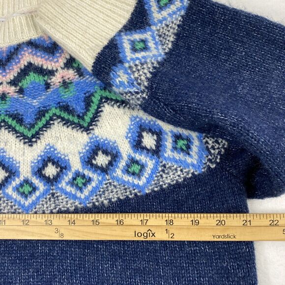 Womens Fair Isle Sweater Medium Petite Blue Wool Blend Pullover Long Sleeve - Picture 3 of 11